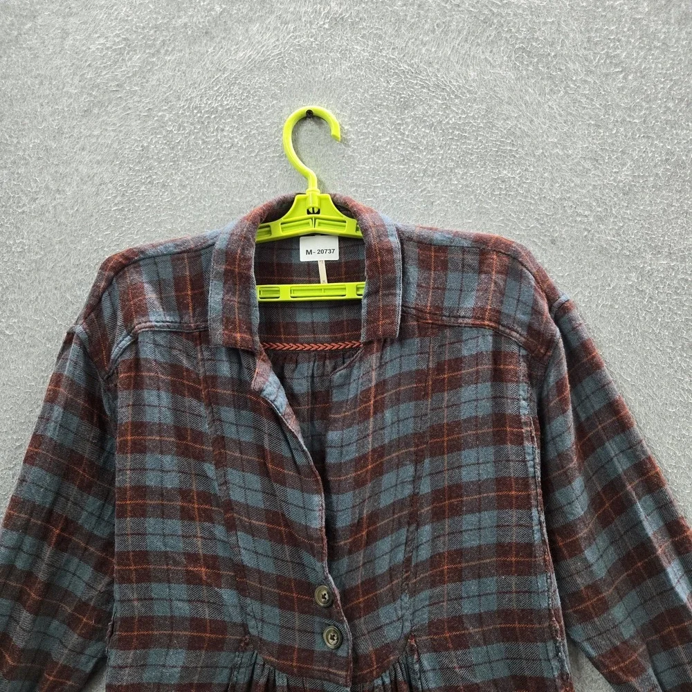 Free People Women Button‎ Up M Blue Wool Blend Plaid Flannel All About The Feel